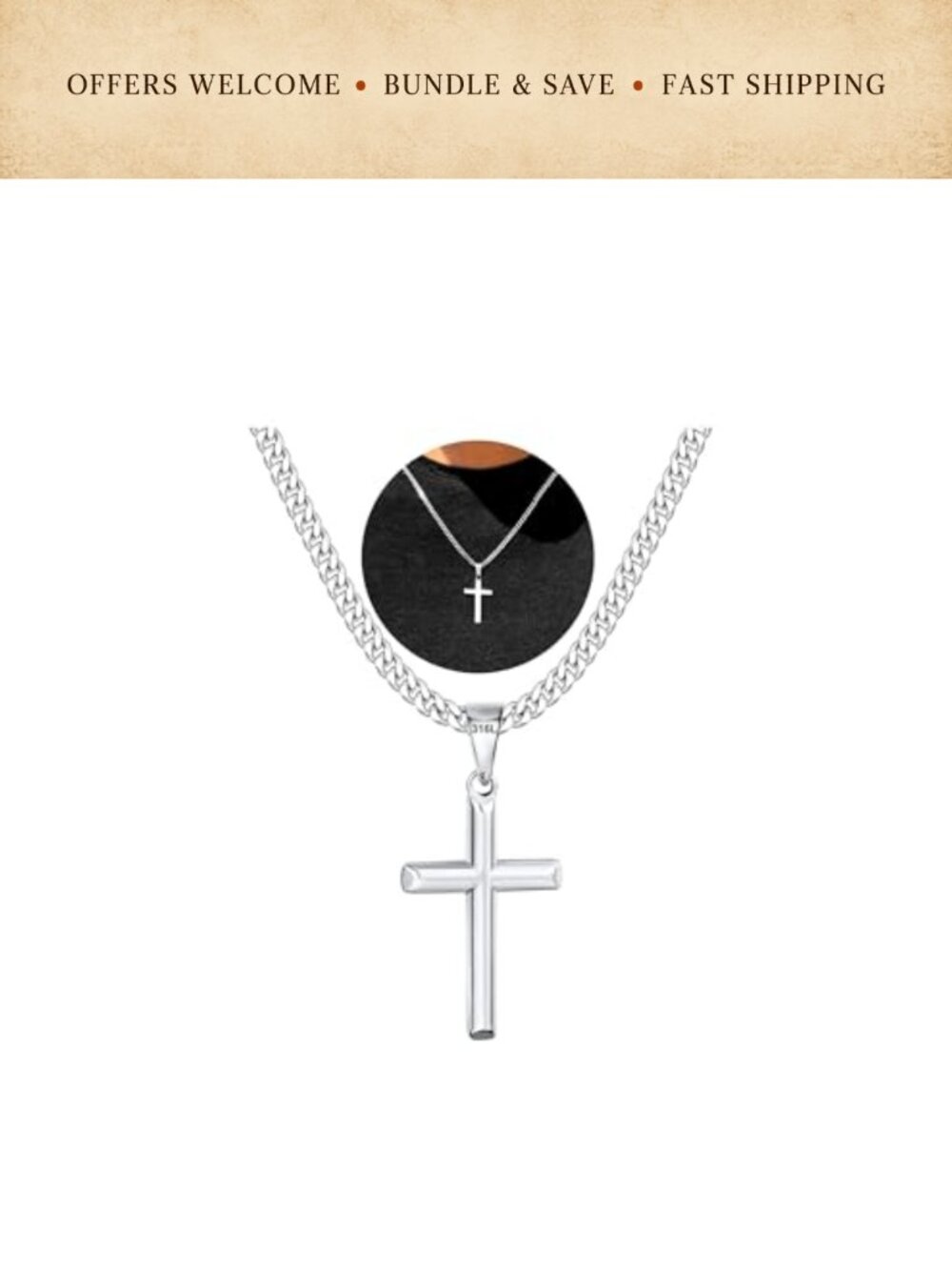 316L Stainless Steel Cross Necklace Men 5mm Cuban Chain 22"